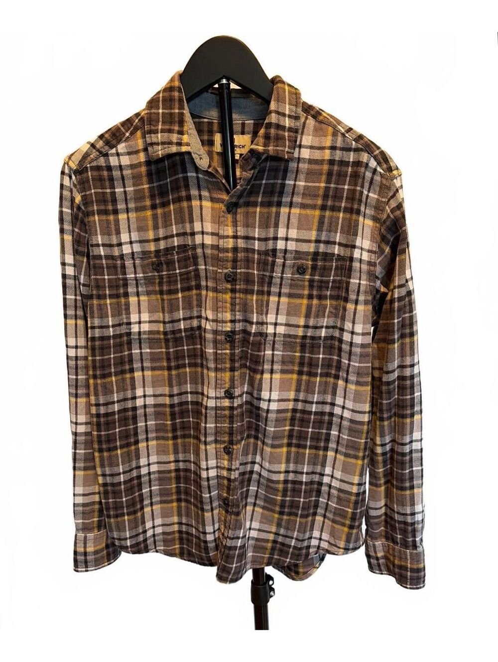 Woolrich M Brown Gray Yellow Plaid Flannel Shirt Cabincore Heritage Workwear